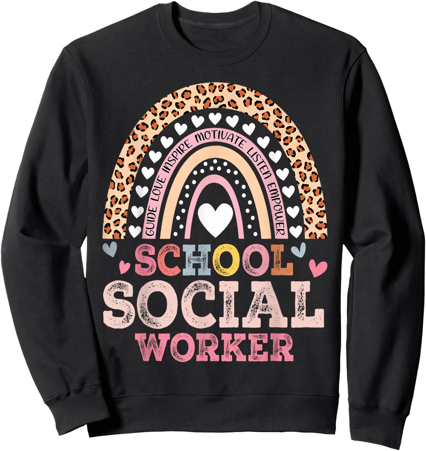 School Social Worker Rainbow Leopard Print Funny Social Work Sweatshirt - Sweatshirt | Black