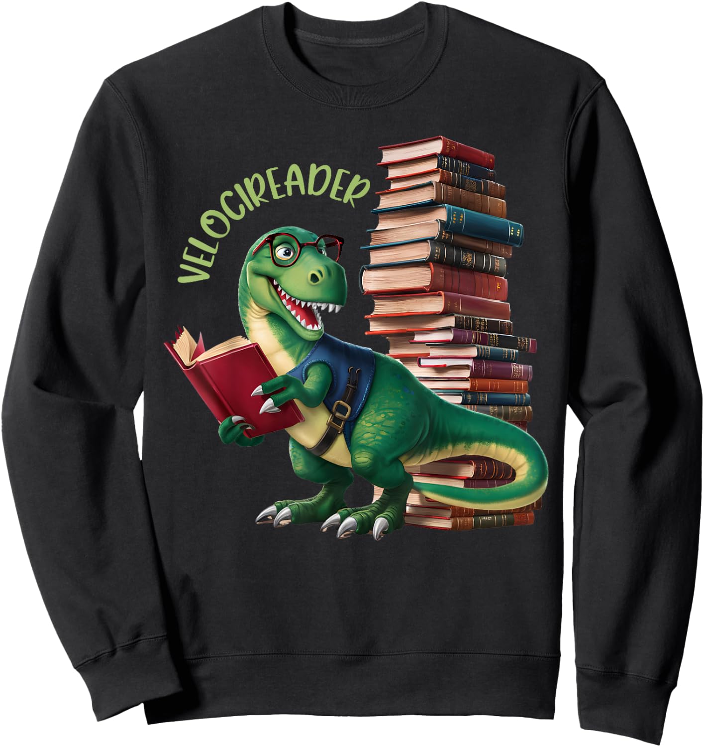 Velocireader Funny Velociraptor Dinosaur Reading Sweatshirt - Sweatshirt | Black