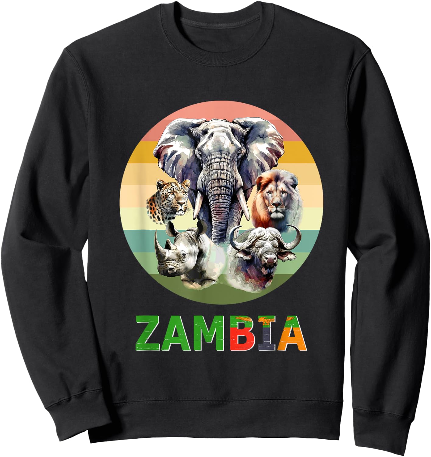 Zambia Big-5 Watercolor on Retro Sunset for Zambia Fans Sweatshirt - Sweatshirt | Black