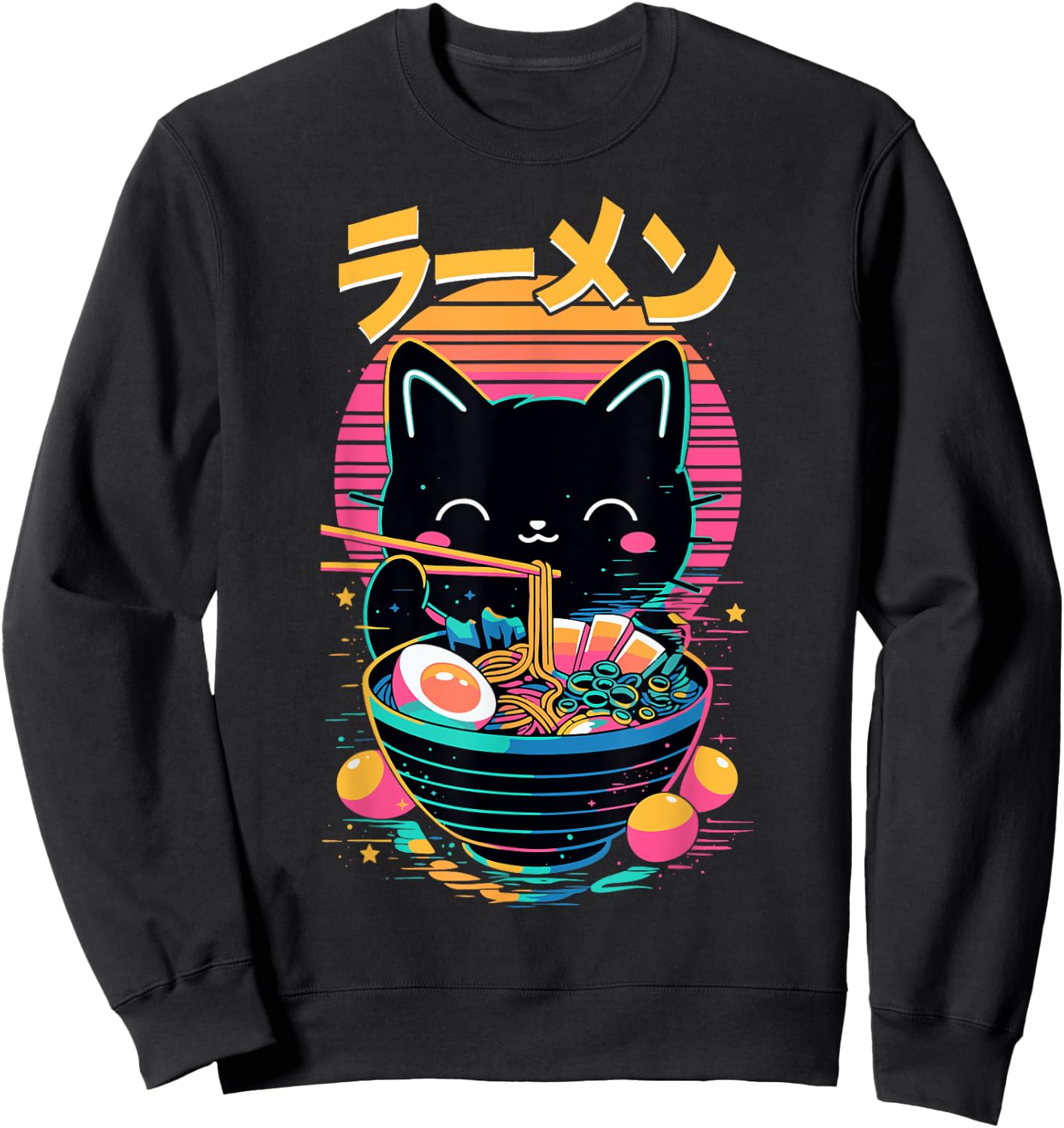 Anime Cat Eating Ramen Japanese Ramen Cat Japan Sweatshirt - Sweatshirt | Black