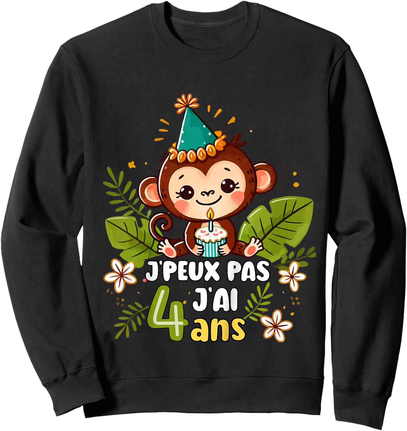 Child Je Peux Pas J'ai 4 Years Birthday Jungle Monkey Boy Green , Green, 2 Sweatshirt - Sweatshirt | Black