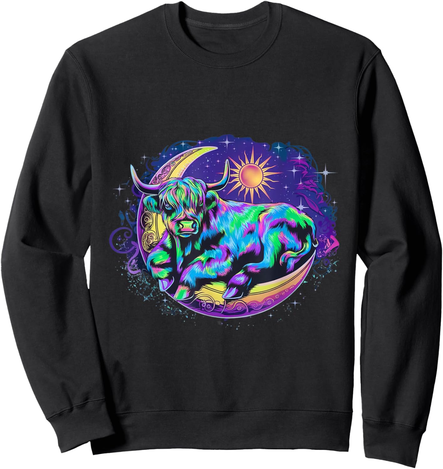 Dreamy Highland Cow Lounging on Crescent Moon Cow Over Moon Sweatshirt - Sweatshirt | Black