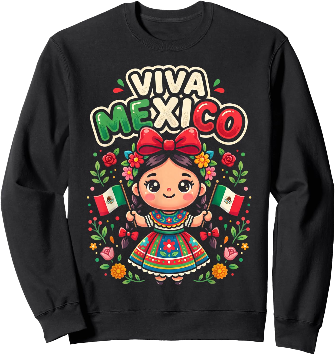 Viva Mexico Mexican Girl Flag Independence Day Girls Kids Sweatshirt - Sweatshirt | Black