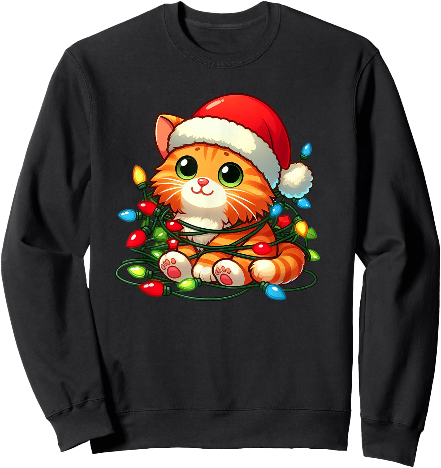 Orange Tabby Cat Christmas Lights Pet Funny Xmas Women Kids Sweatshirt - Sweatshirt | Black