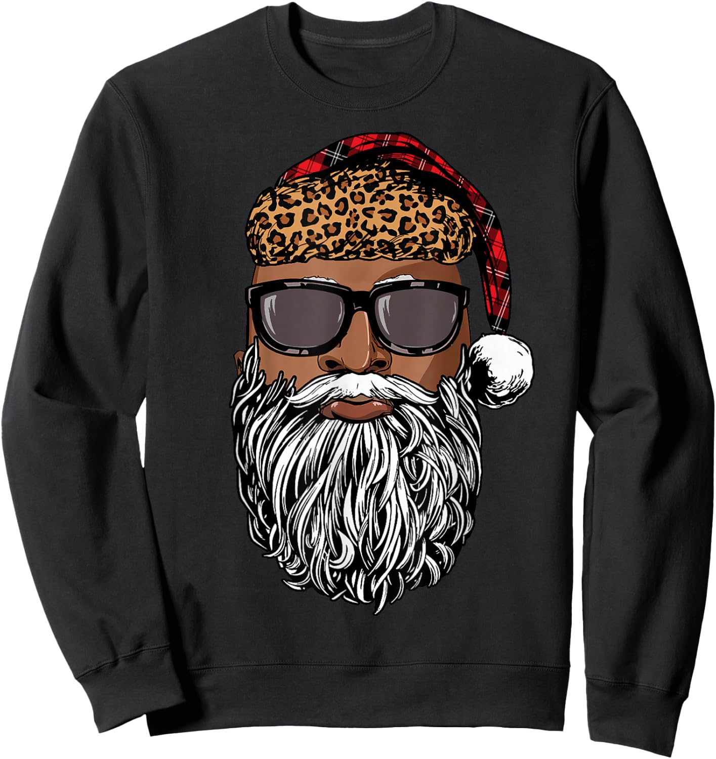 Santa Claus Face Black Leopard African American Christmas Sweatshirt - Sweatshirt | Black