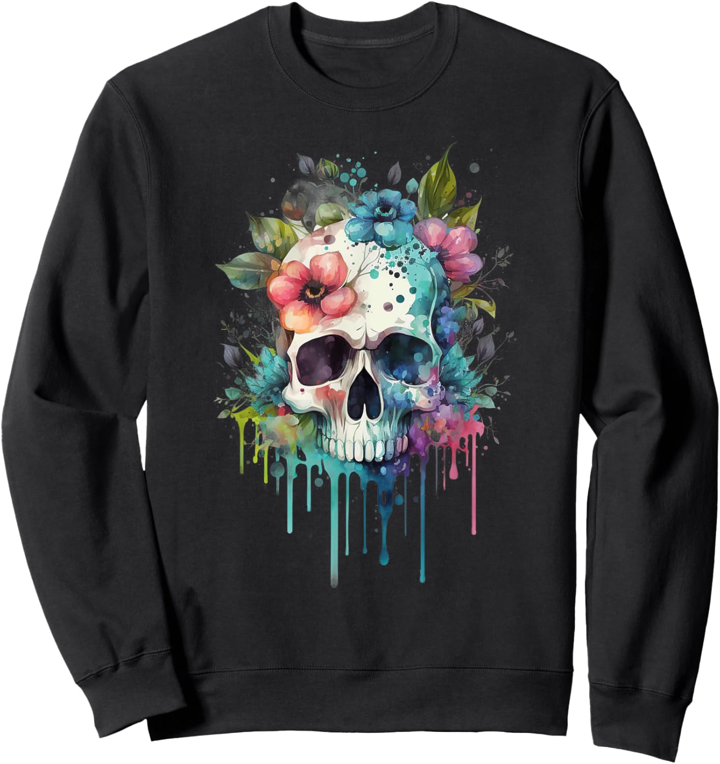 Vintage Skull Boho Skull with Flowers Sweatshirt - Sweatshirt | Black
