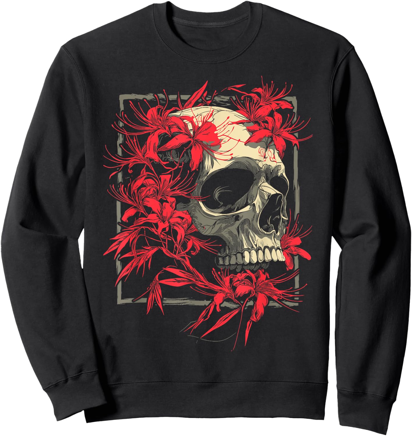 Red Spider Lily Flower Skull Skeleton Japanese Anime Otaku Sweatshirt - Sweatshirt | Black