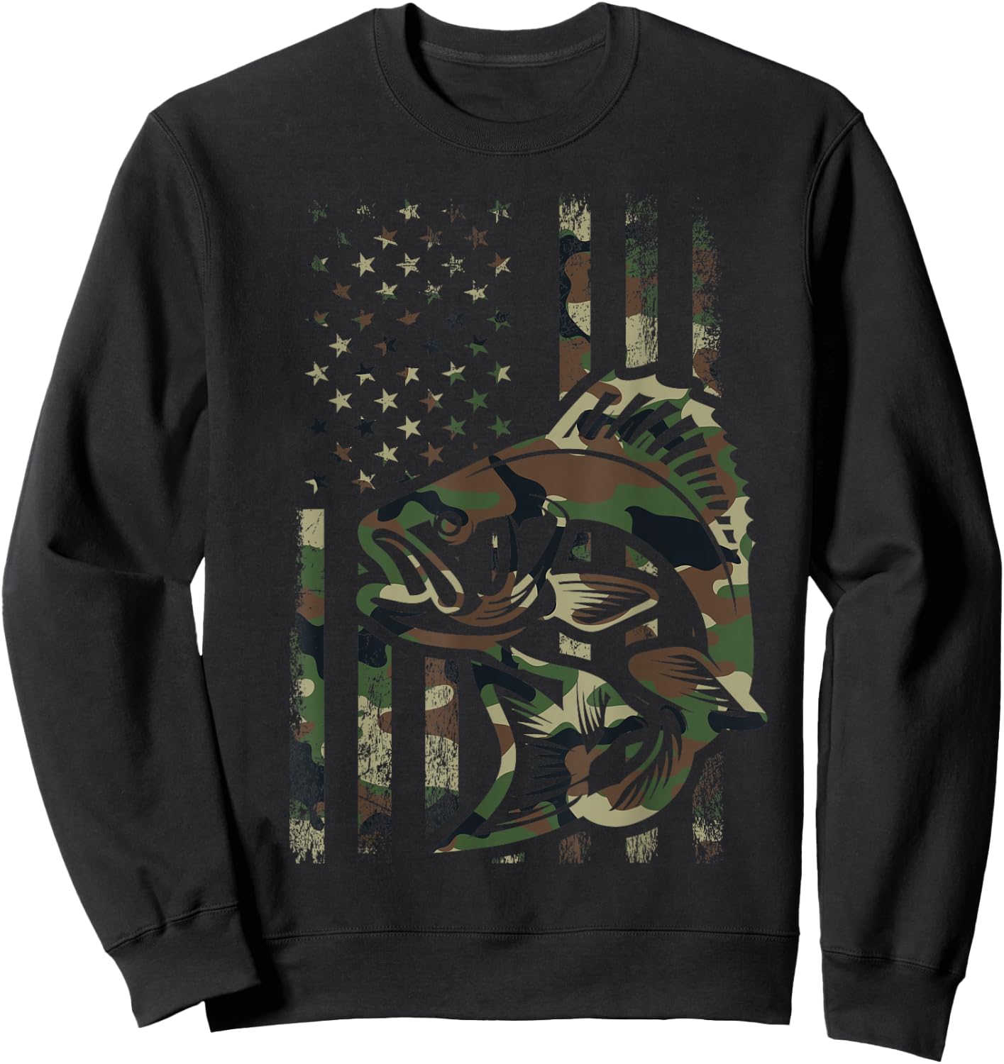 Camo Fishing Men Boys American Flag Bass Fishing Sweatshirt - Sweatshirt | Black