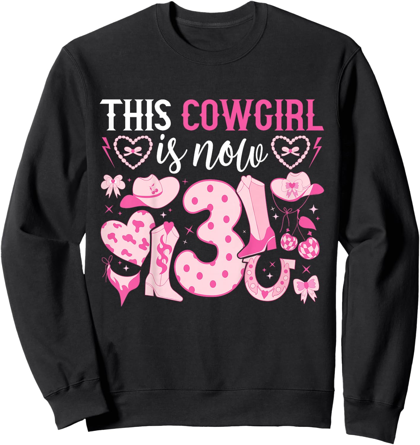 Kids 3rd Birthday Cowgirl Three Year Old Cow Girl Birthday Sweatshirt - Sweatshirt | Black
