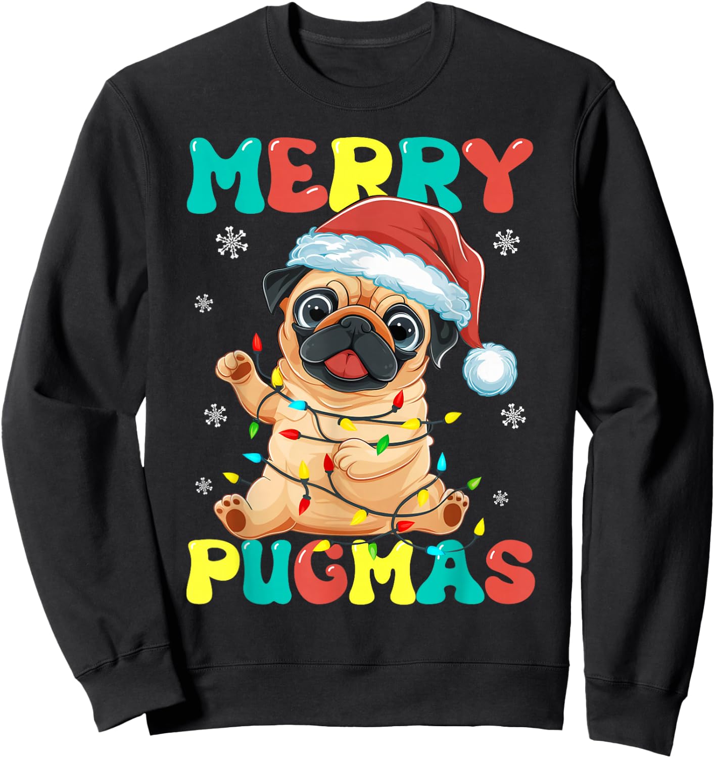 Merry Pugmas Pug Christmas Santa Pug Xmas Lights Dog Lover Sweatshirt - Sweatshirt | Black