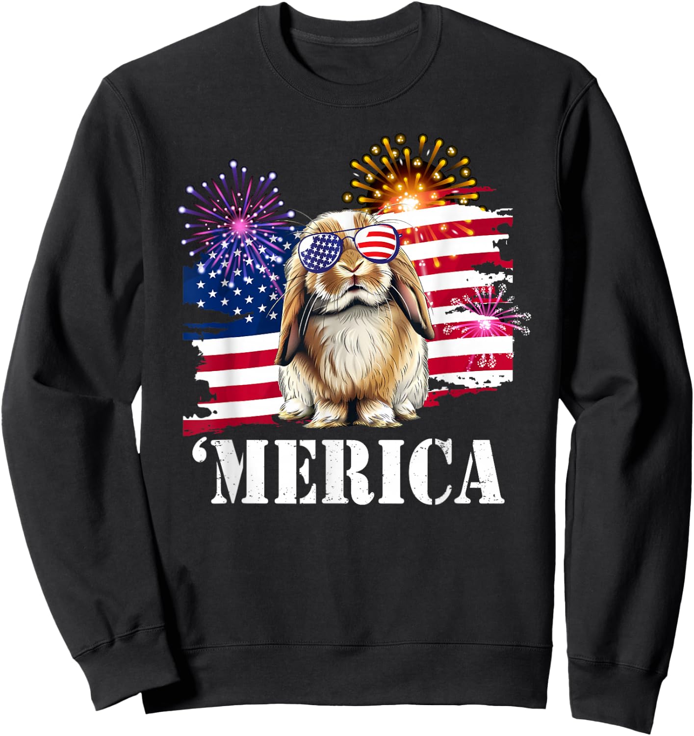 USA Flag 4th July Merica Mini Holland Lop Bunny Rabbit Lover Sweatshirt - Sweatshirt | Black