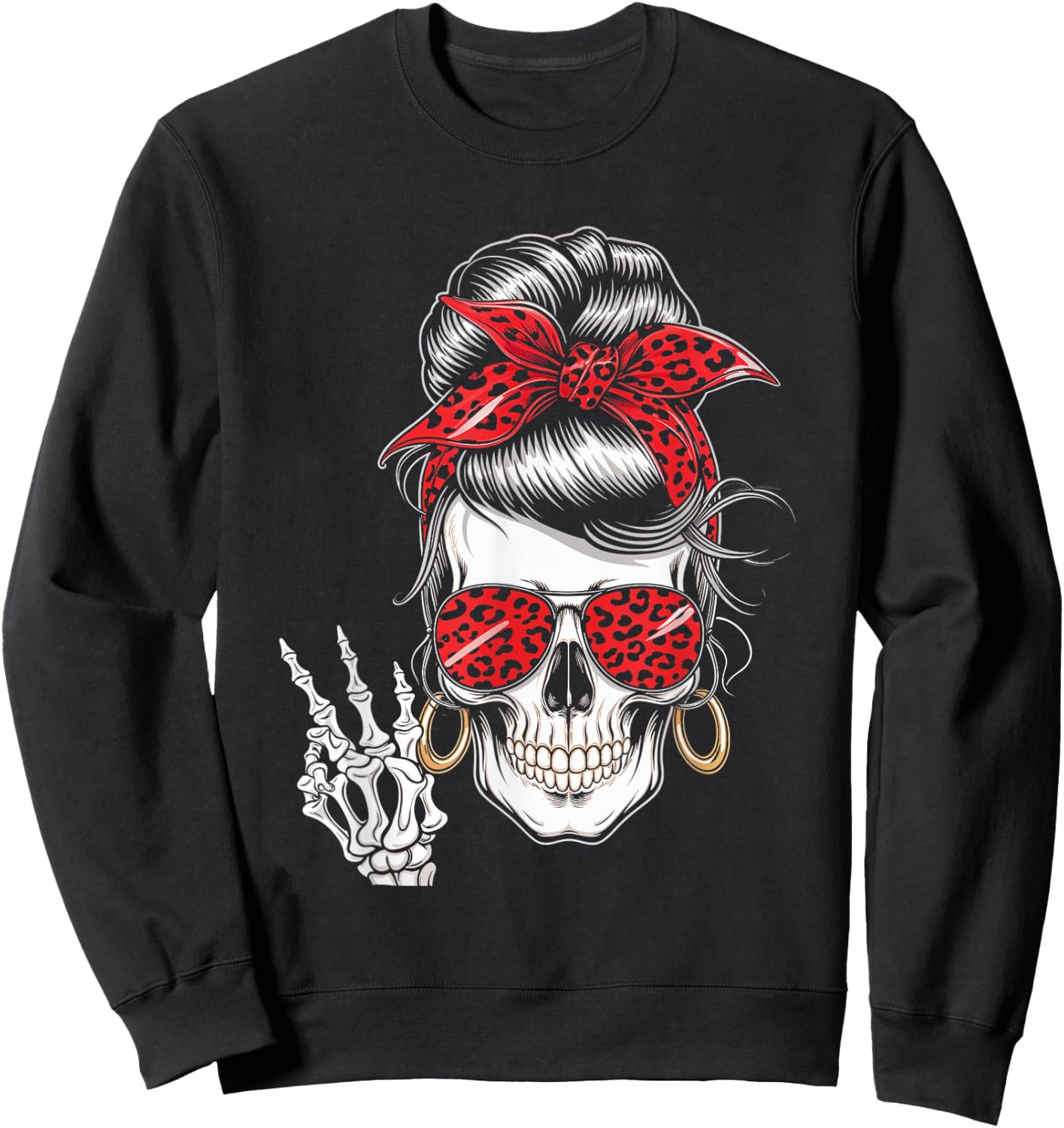 Messy Bun Skeleton Skull Leopard Bandana Fashion Sweatshirt - Sweatshirt | Black