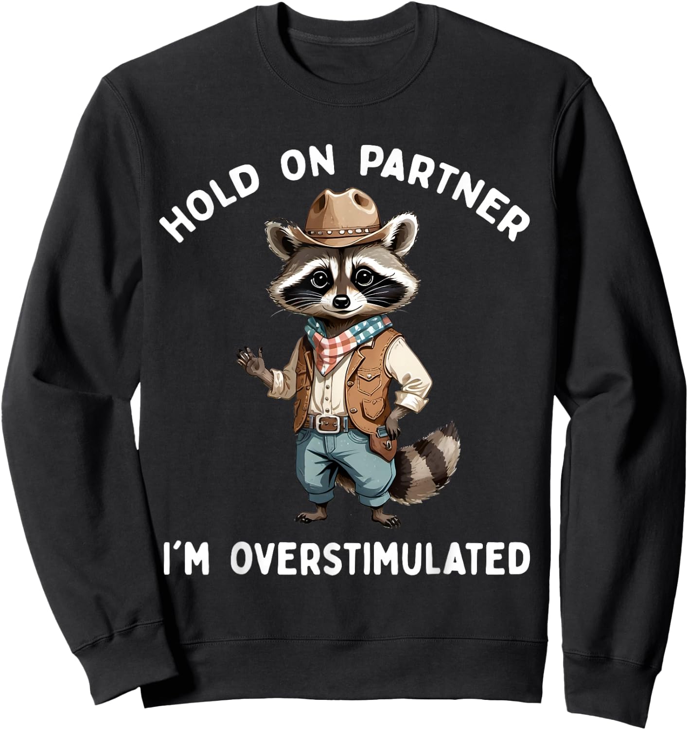 Hold On Partner I'm Overstimulated Raccoon Cowboy Funny Cute Sweatshirt - Sweatshirt | Black