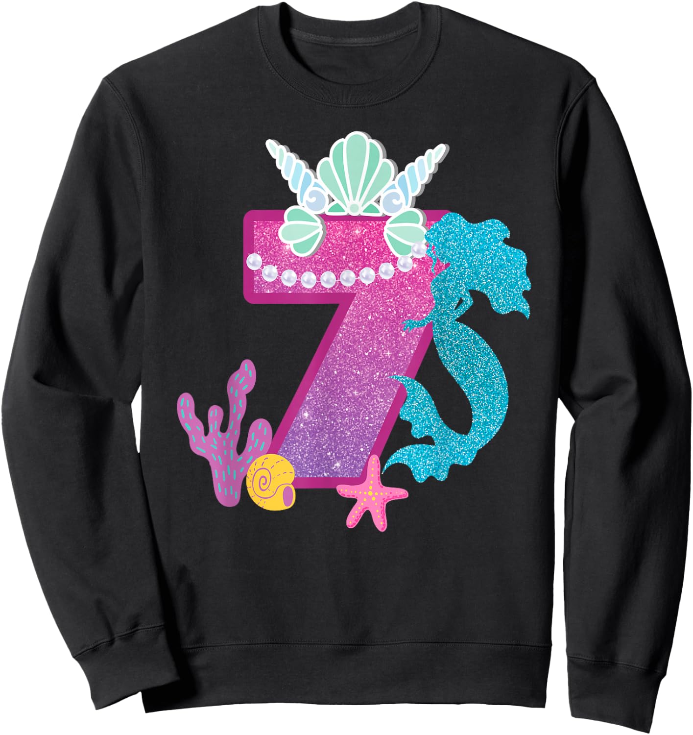 7th Birthday Shirt Under the Sea Party Mermaid Shells Shirt Sweatshirt - Sweatshirt | Black