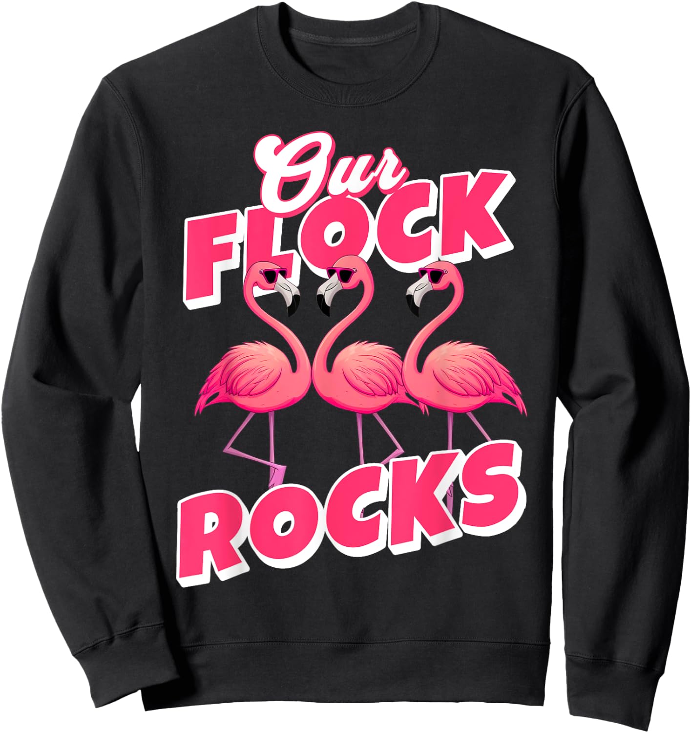 Our Flock Rocks Funny Flamingo Matching Family Vacation Sweatshirt - Sweatshirt | Black