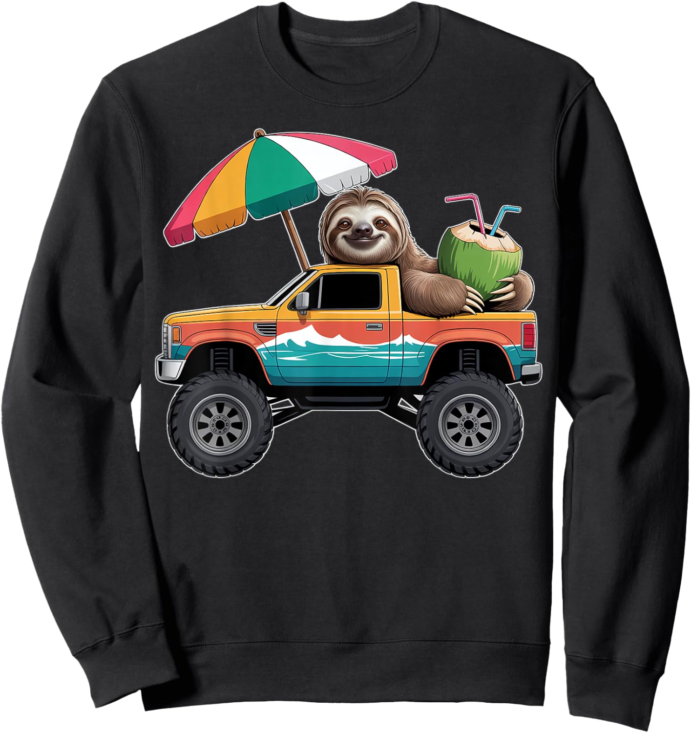 Cute Sloth Monster Truck with Coconut Sweatshirt - Sweatshirt | Black