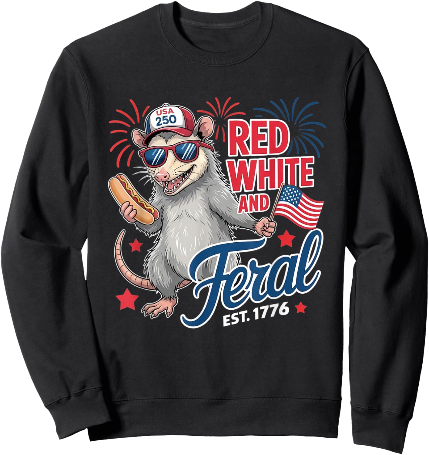 Red White and Feral USA Possum 4th of July Merica Men Kids Sweatshirt - Sweatshirt | Black