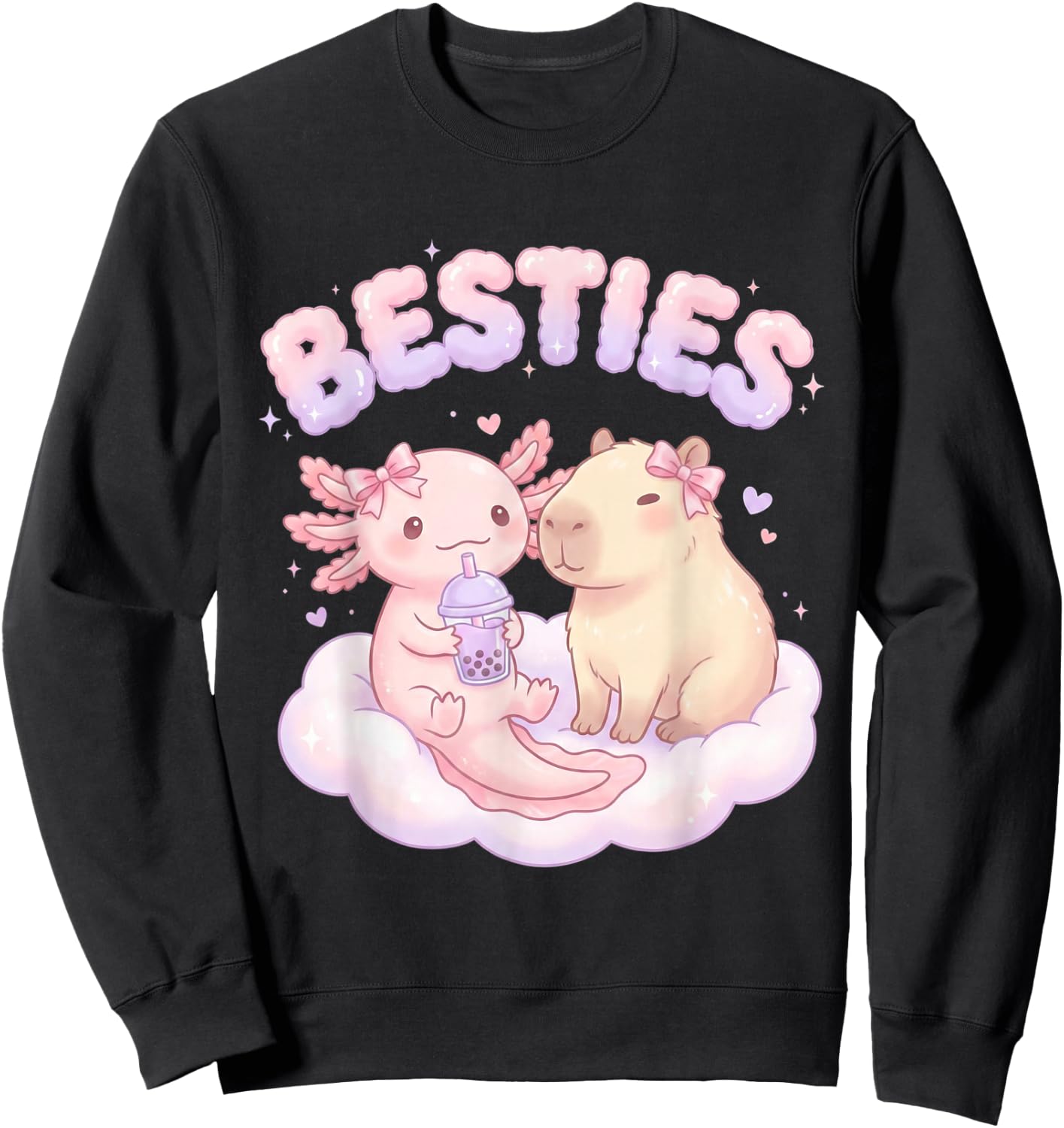 Besties Axolotl Capybara Bubble Tea Cute Kawaii Anime Tier Sweatshirt - Sweatshirt | Black