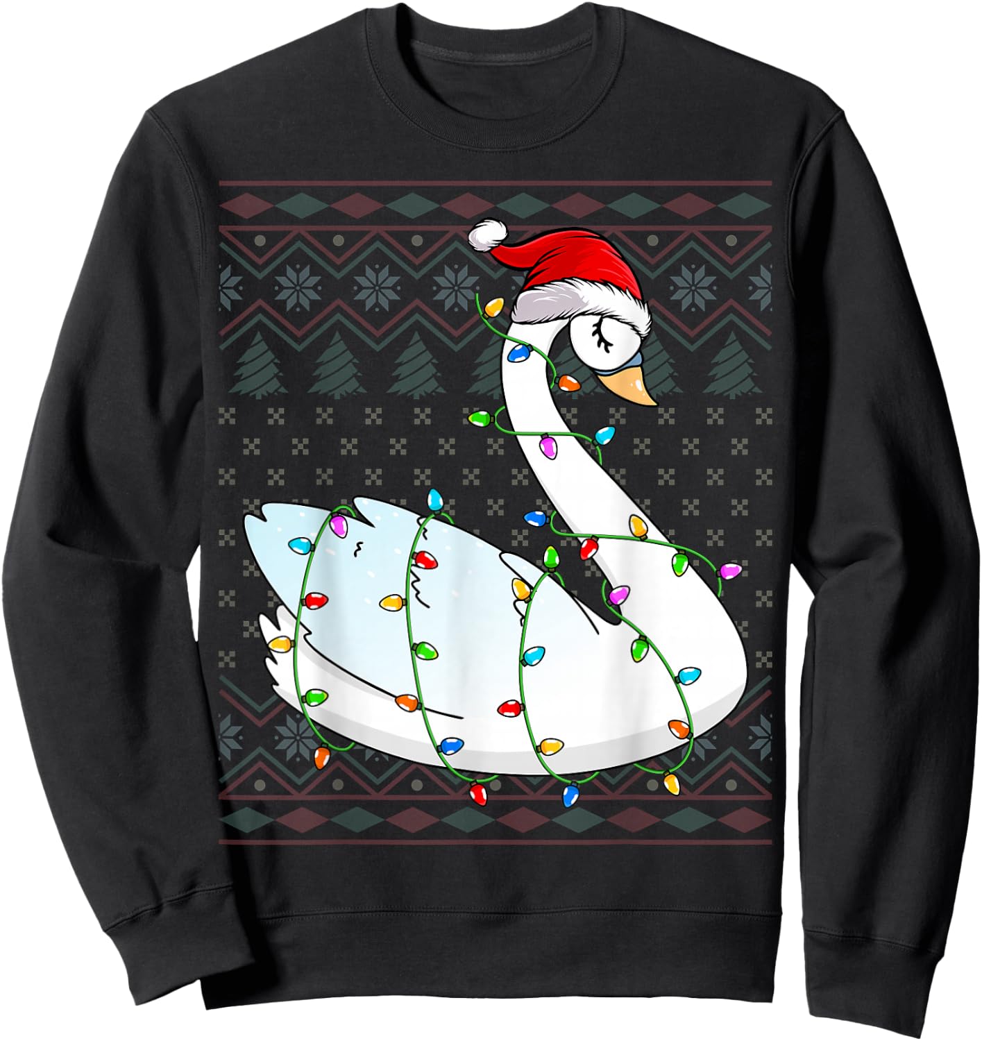 Swans Xmas Lighting Santa Hat Swans Lover Ugly Christmas Sweatshirt - Sweatshirt | Black