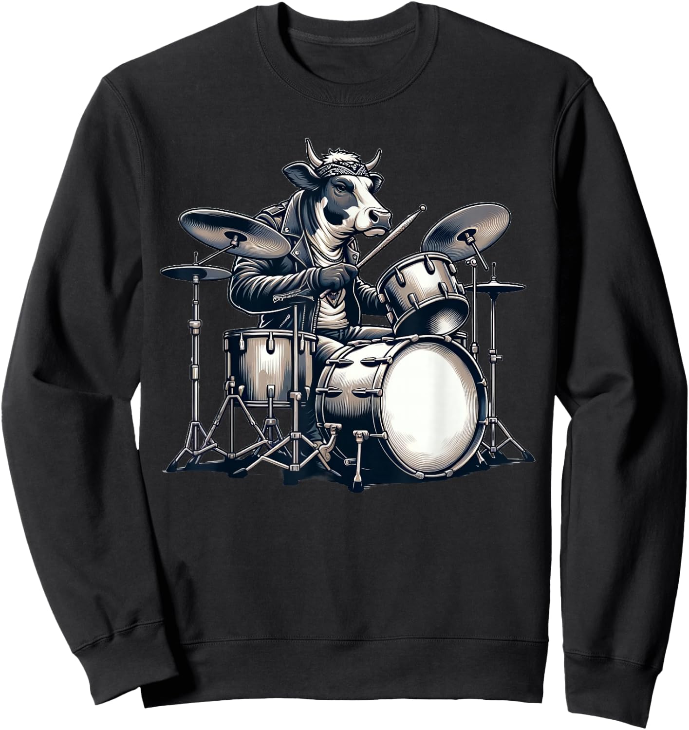 Cute Cow Playing Drums Cows Drummer Music Sweatshirt - Sweatshirt | Black