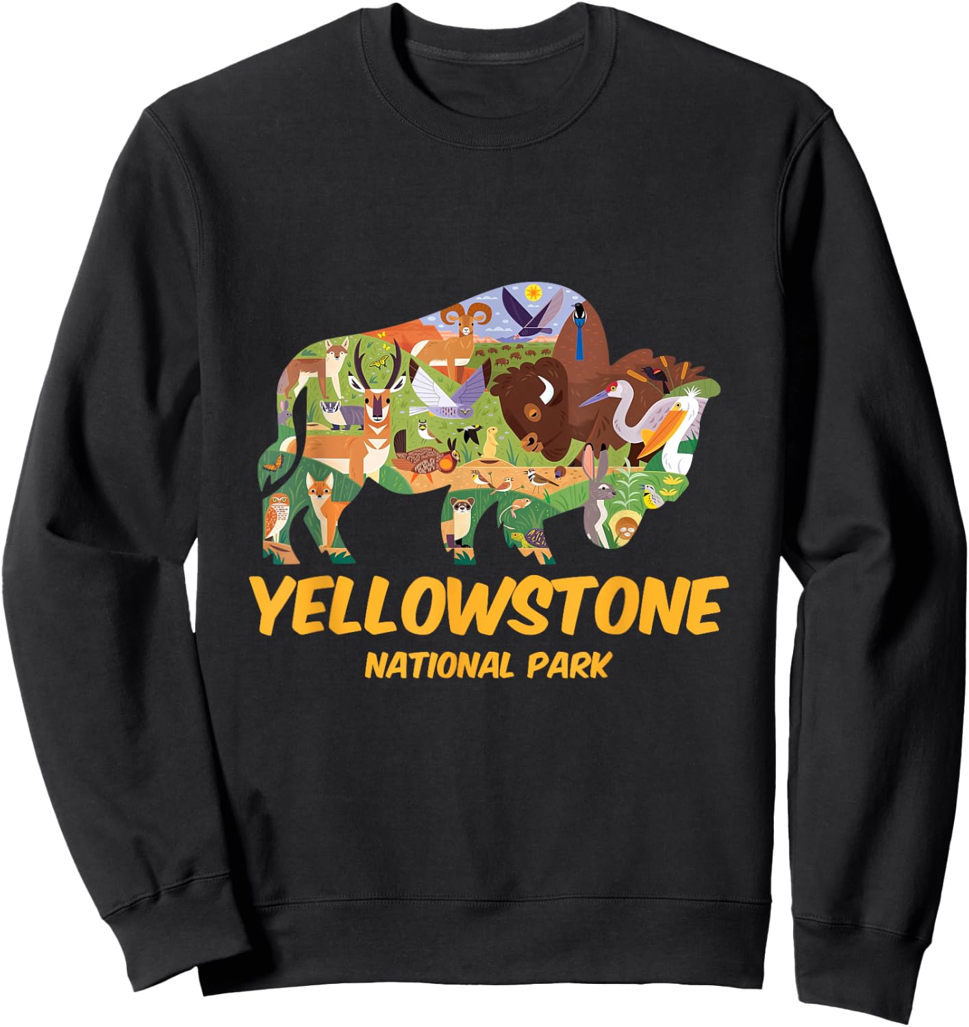 Yellowstone Animals Inside Bison Buffalo Silhouette Cartoon Sweatshirt - Sweatshirt | Black