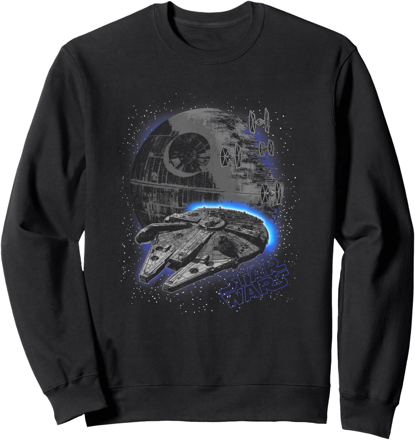 Star Wars Classic Millennium Falcon Flying Over Death Star Sweatshirt - Sweatshirt | Black