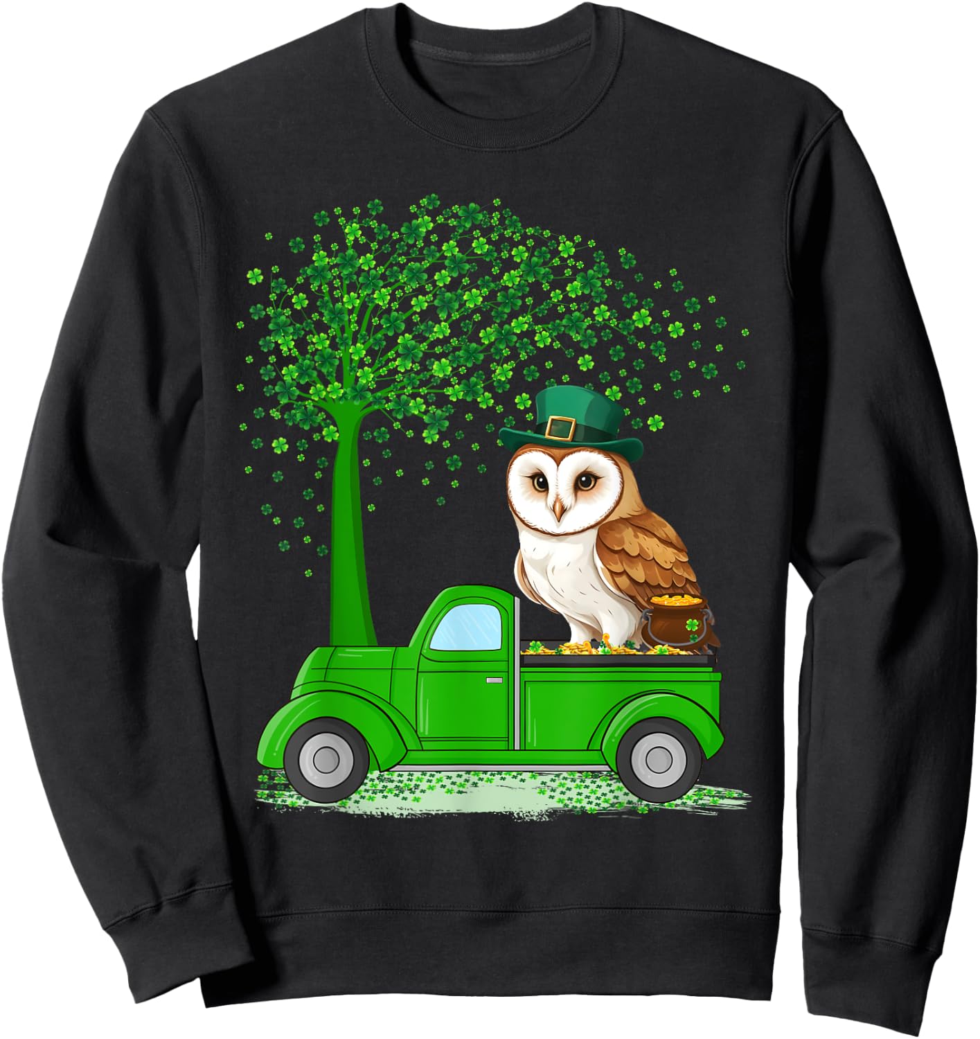 Irish Green Truck On Owl Bird St Patrick's Day Tree Sweatshirt - Sweatshirt | Black