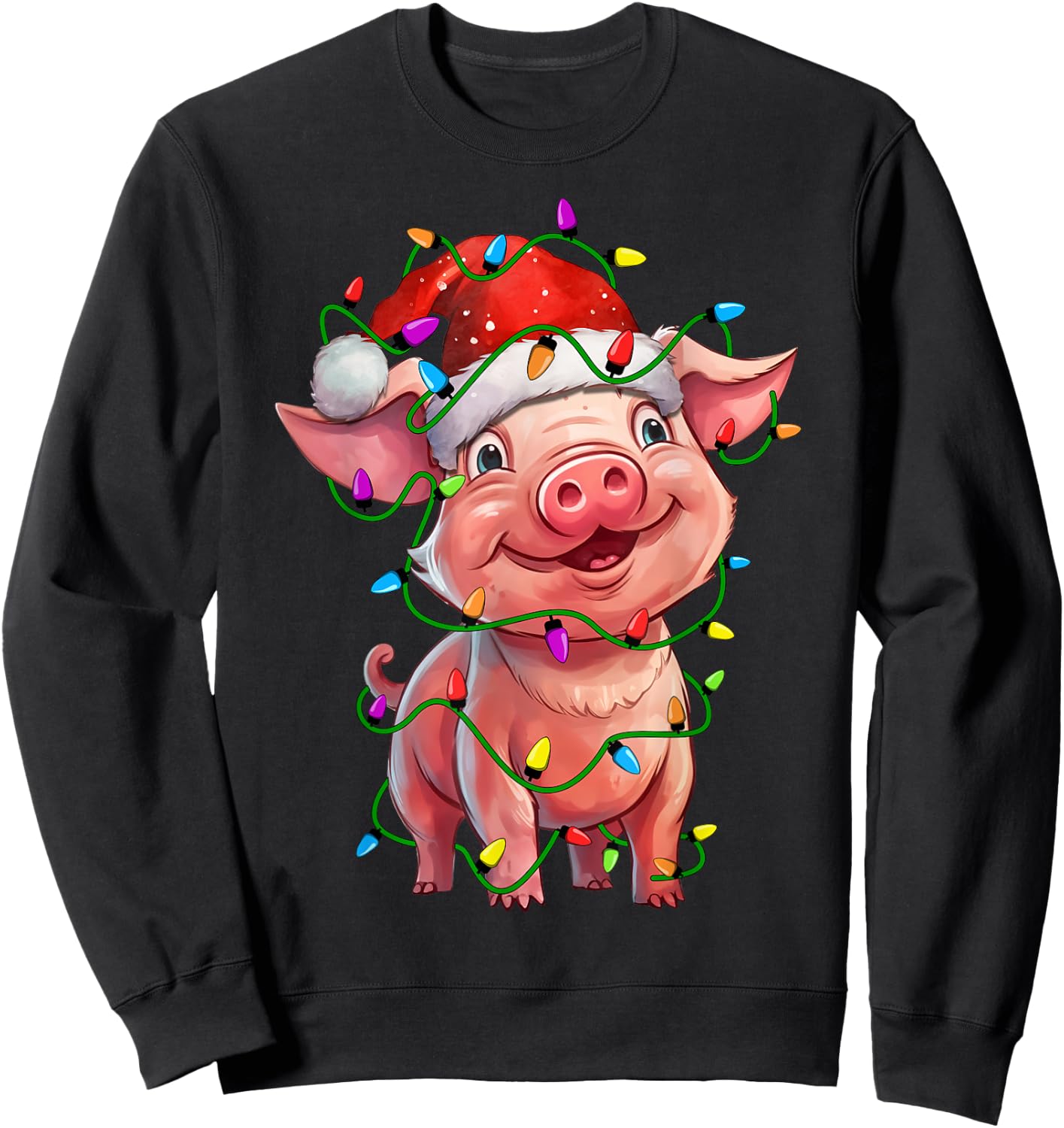 Pig Santa Christmas Tree Lighting Xmas Funny Sweatshirt - Sweatshirt | Black