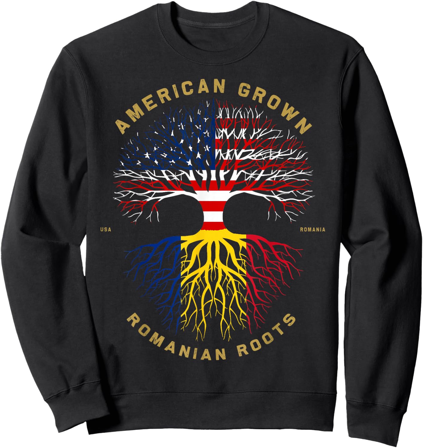 American Grown with Romanian Roots Tree USA Flag Gift Sweatshirt - Sweatshirt | Black