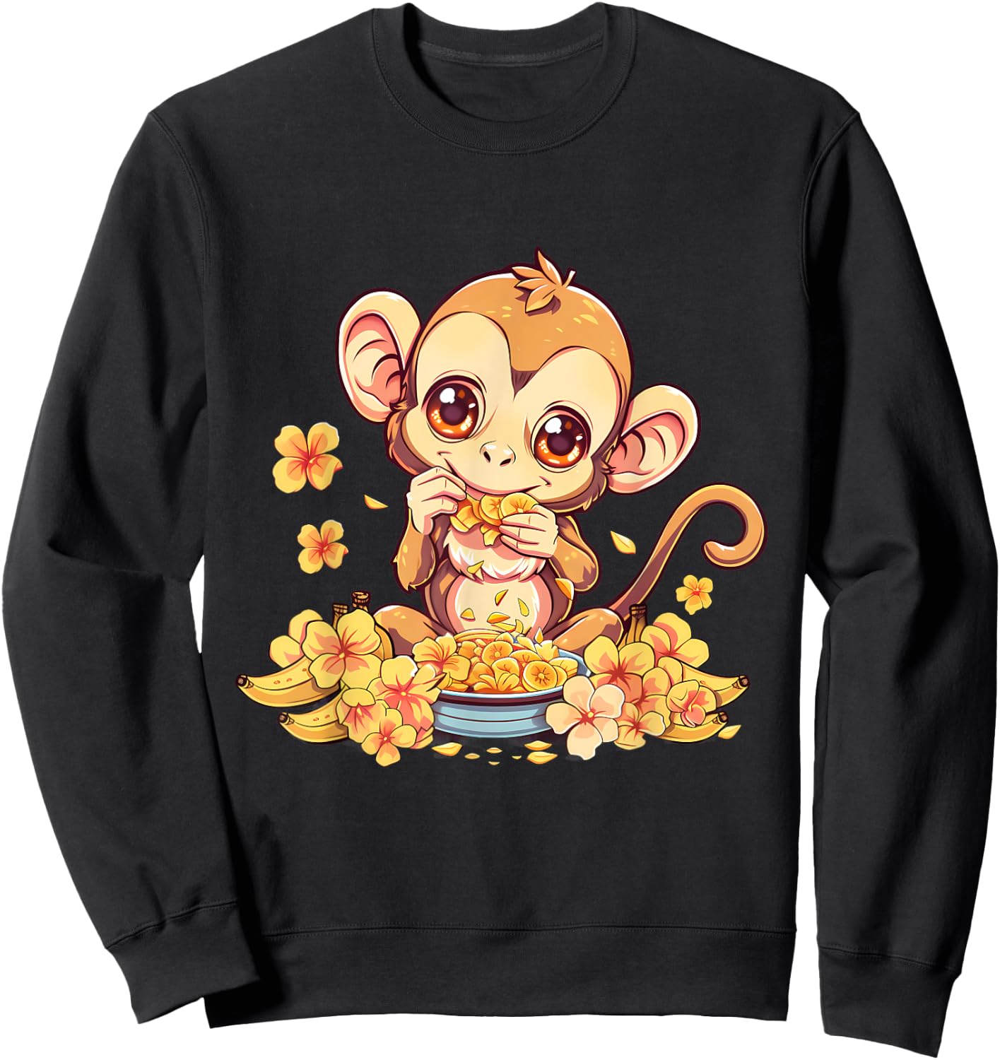 Banana Monkey Floral Bananas Fruit Artwork Cute Monkey Sweatshirt - Sweatshirt | Black