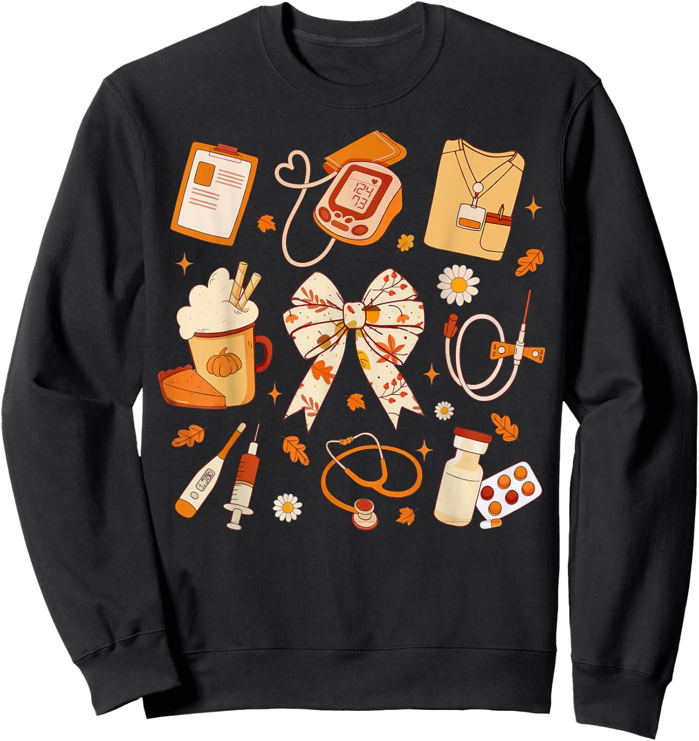 Thankful Nurse Fall Stethoscope Coquette Bow Thanksgiving Sweatshirt - Sweatshirt | Black