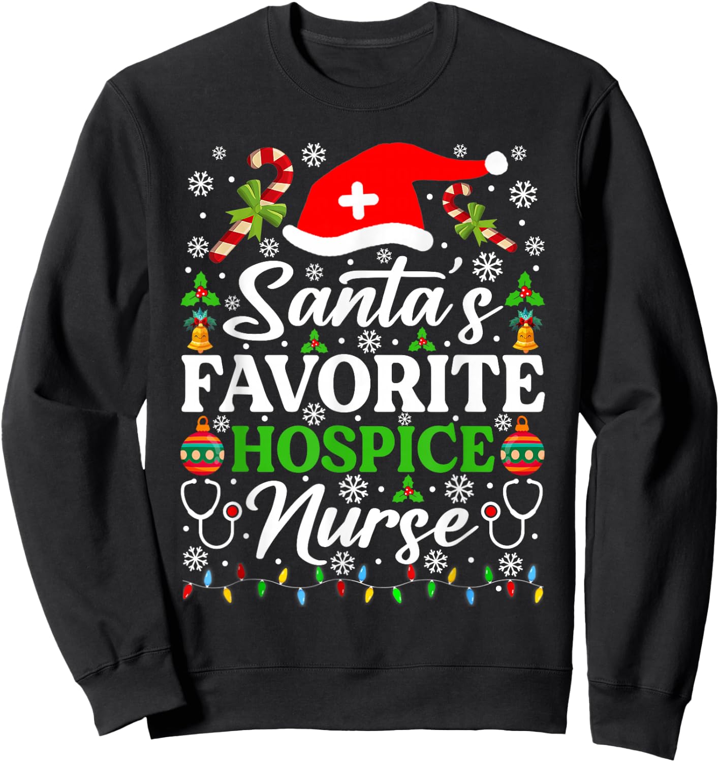 Santa's Favorite Hospice Nurse Shirt Funny Christmas Pajama Sweatshirt - Sweatshirt | Black