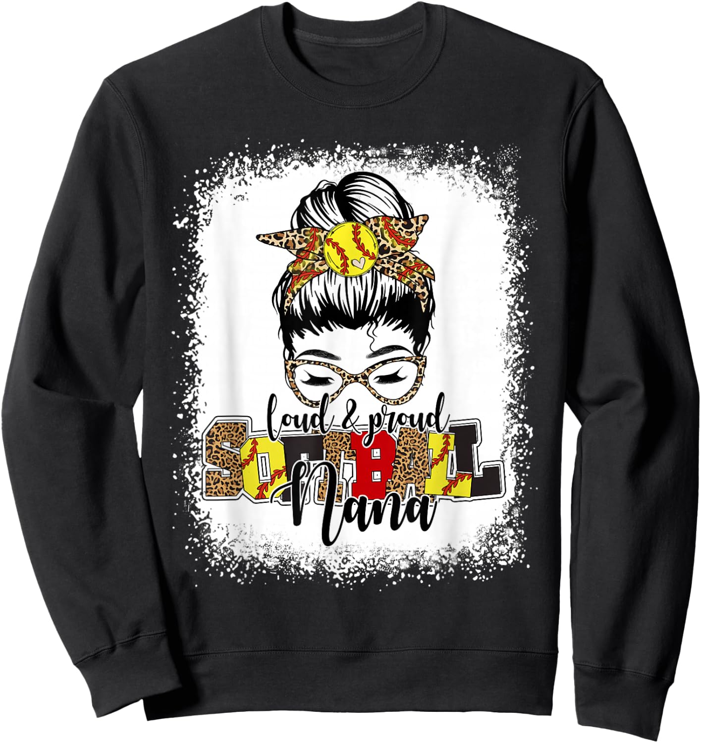 Bleached Softball Nana Leopard Messy Bun Funny Mothers Day Sweatshirt - Sweatshirt | Black