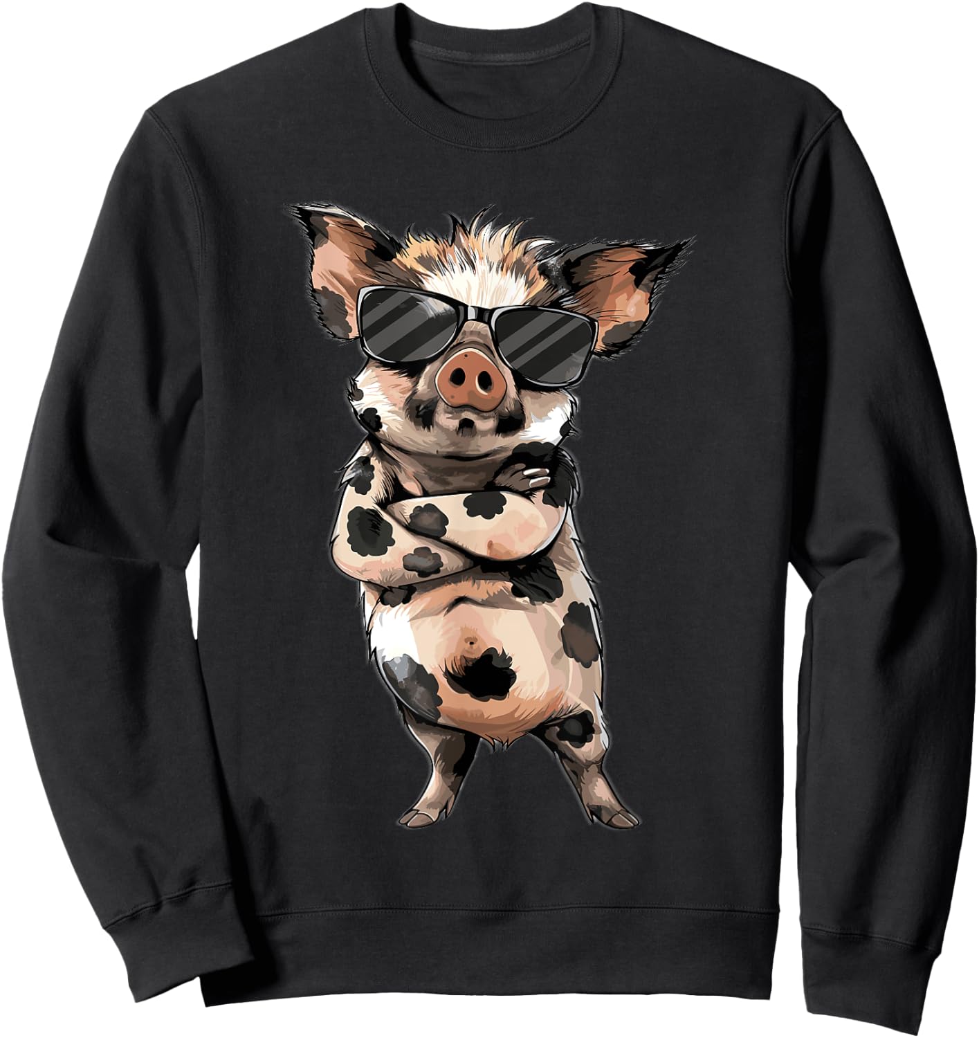 Kune Kune Pig Accessories & KuneKune Clothes -Adult Black Animal Print Design Short Sleeve Cotton Blend Classic Fit Small Sweatshirt - Sweatshirt | Black
