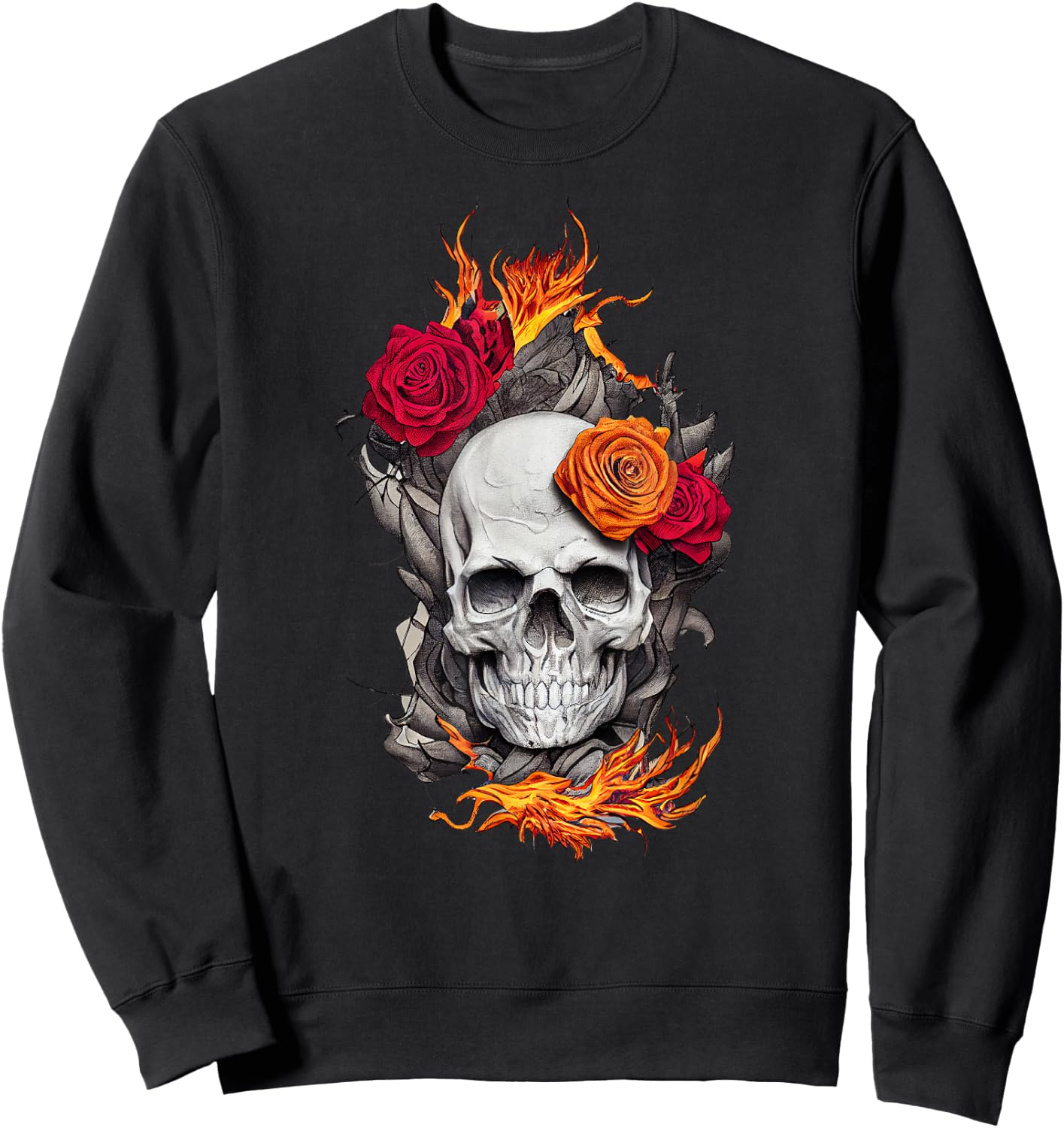 Flaming Skull and Roses Sweatshirt - Sweatshirt | Black