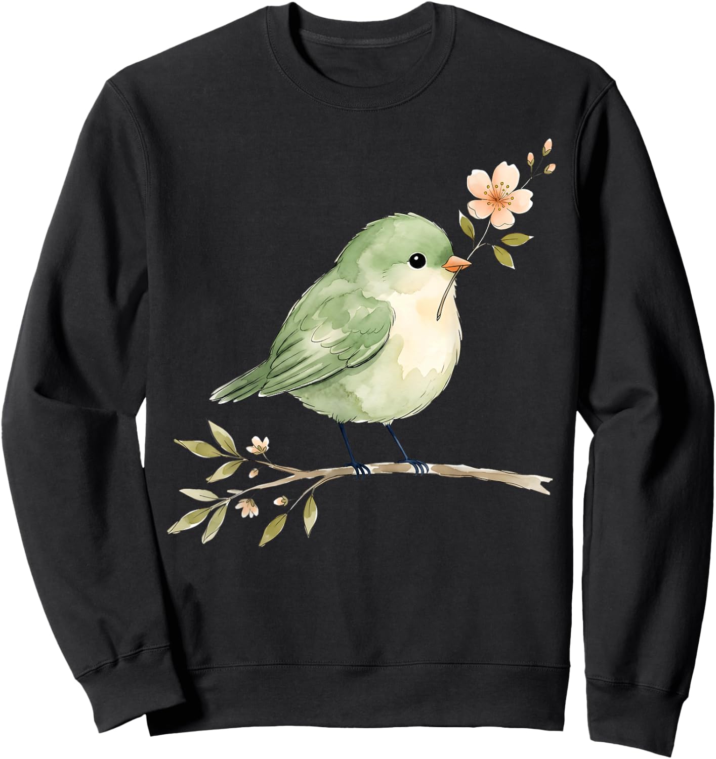 Cute Bird with Flower Vintage Nature Lover Spring Aesthetic Sweatshirt - Sweatshirt | Black