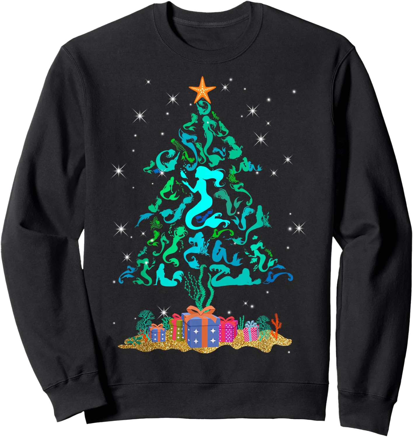Retro Mermaid Christmas Tree Funny Mermaid Xmas Sweatshirt - Sweatshirt | Black