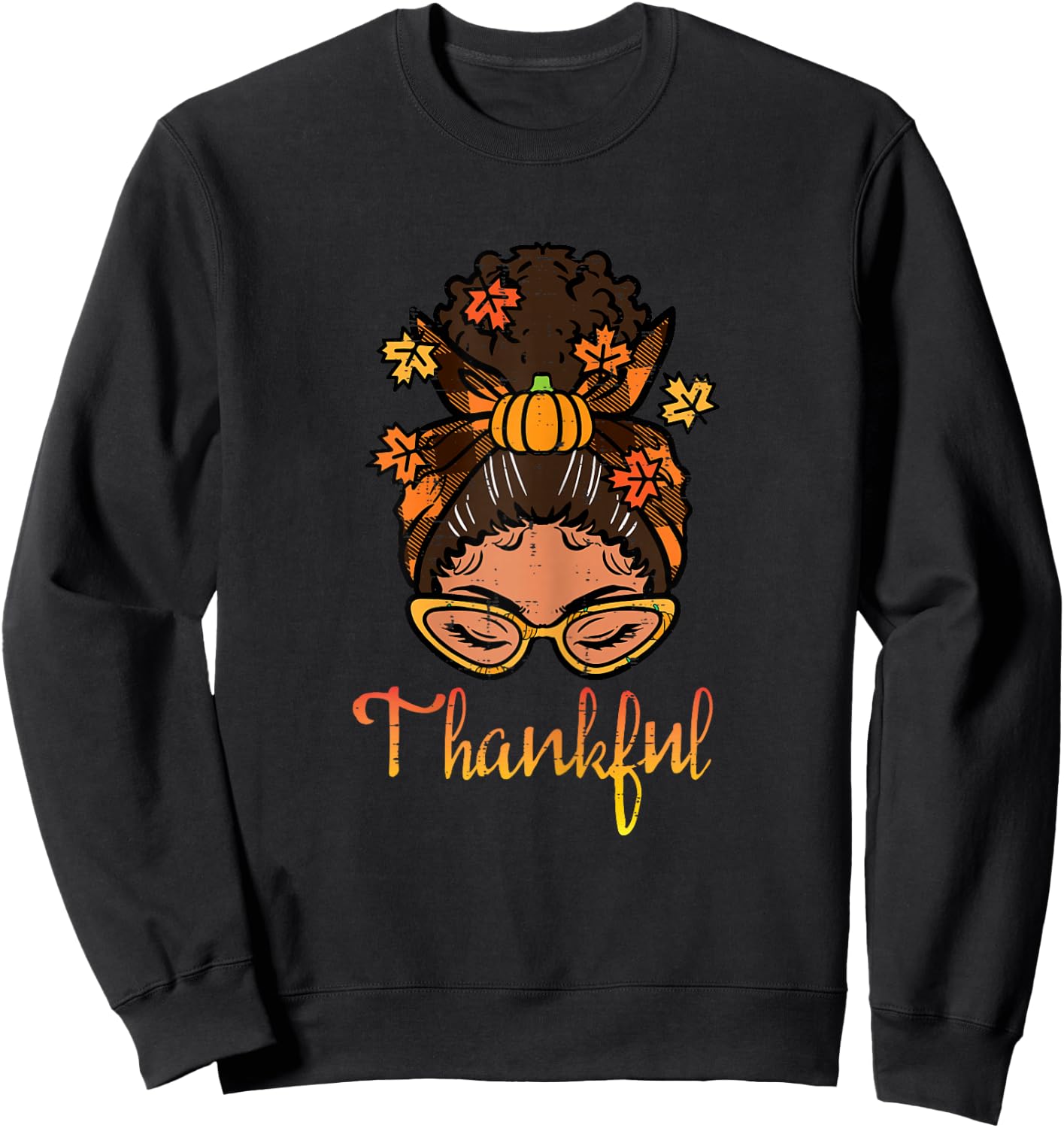 Thanksgiving Black Woman Bun Thankful Fall Women Girls Kids Sweatshirt - Sweatshirt | Black