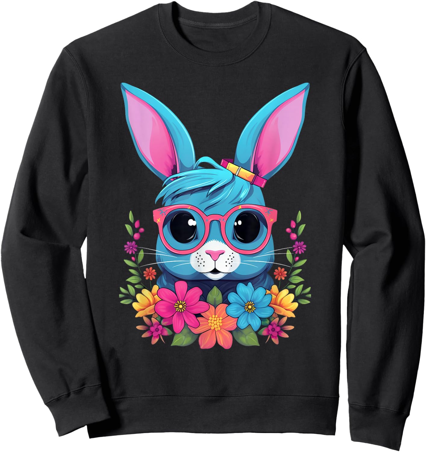 Cute Rabbit Girl With Flowers I Rabbit Sweatshirt - Sweatshirt | Black