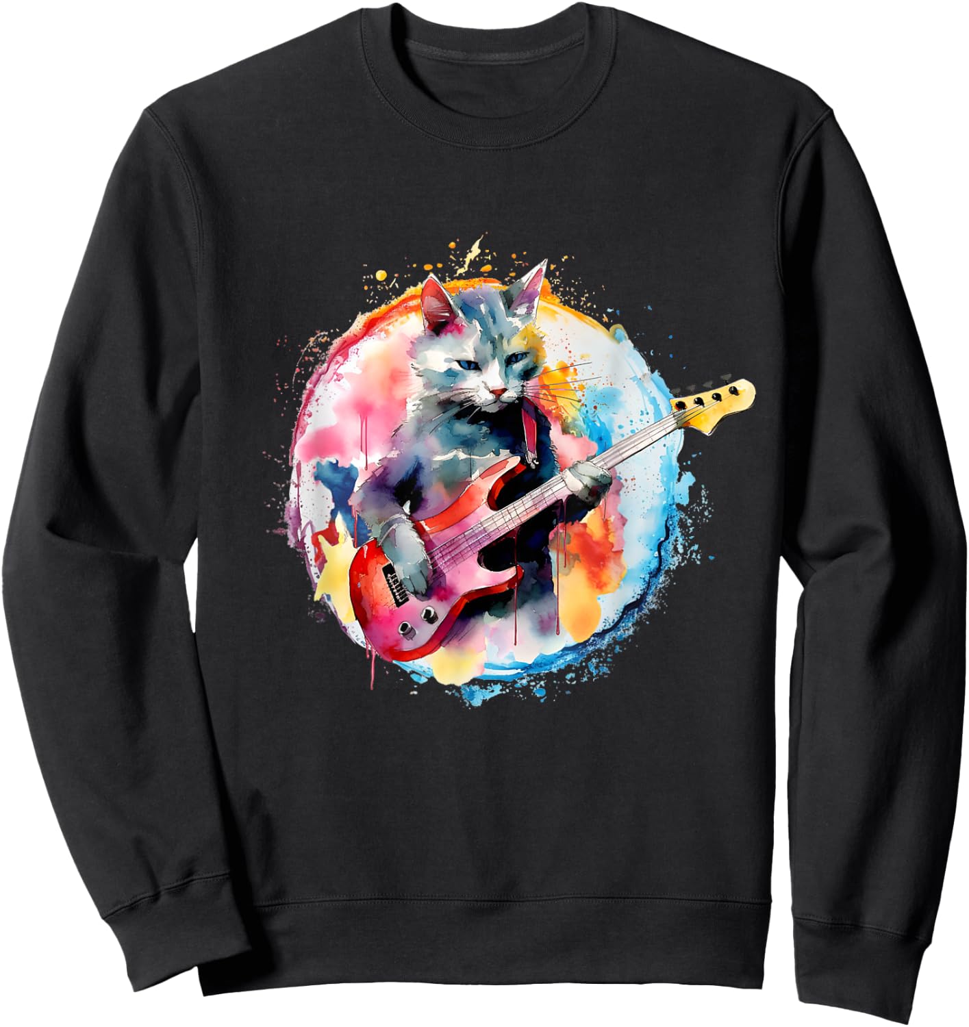 Cat Playing Bass Guitar Watercolor Graphic Design Women Girls Kids Sweatshirt - Sweatshirt | Black