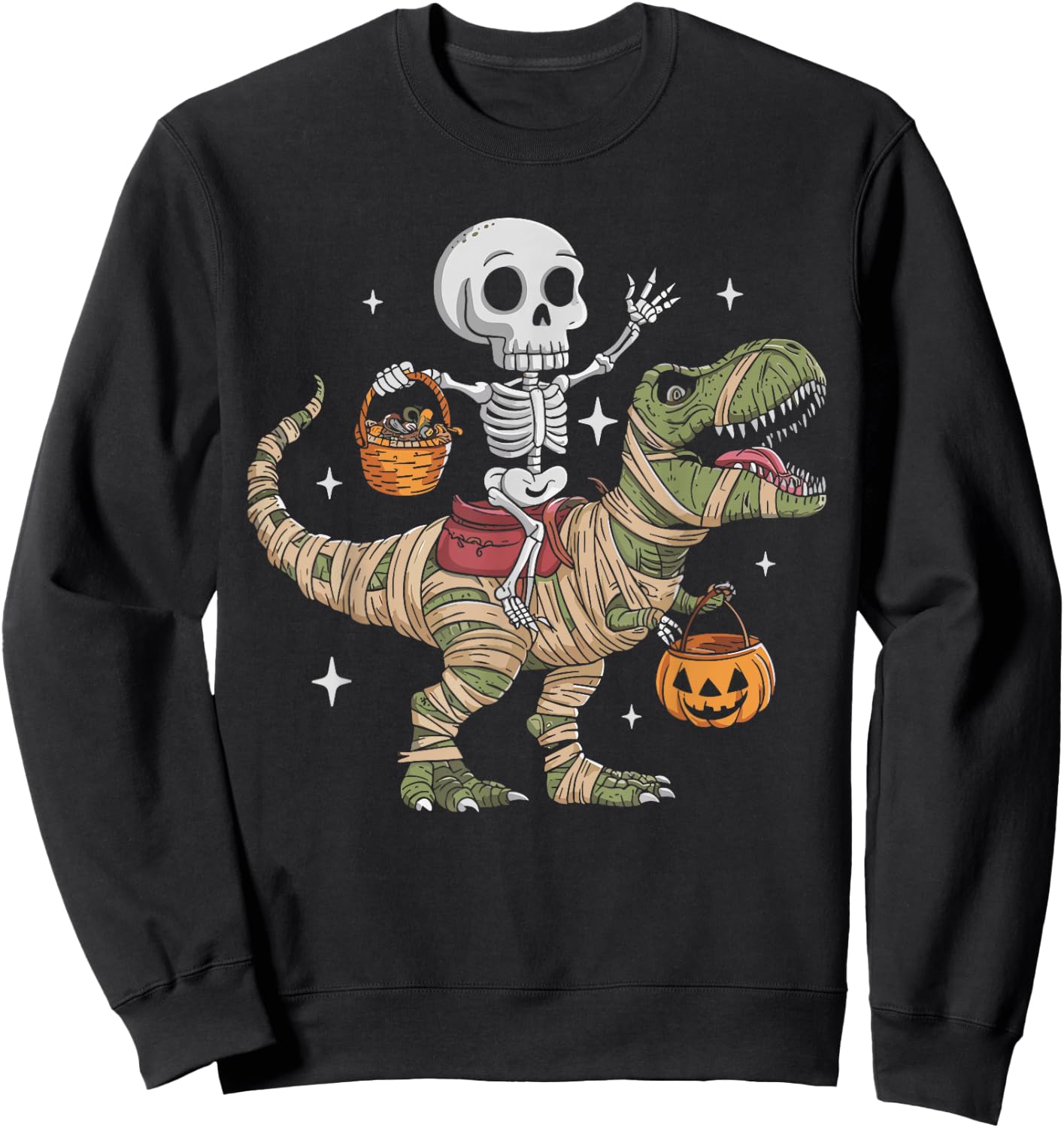 Skeleton Riding Mummy Dinosaur T Rex Pumpkin Happy Halloween Sweatshirt - Sweatshirt | Black