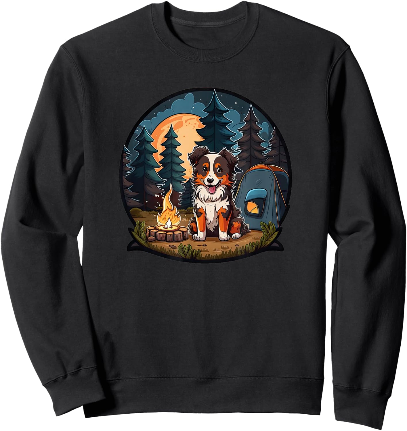 Cute Aussie Dog Camping in the Forest: Australian Shepherd Sweatshirt - Sweatshirt | Black