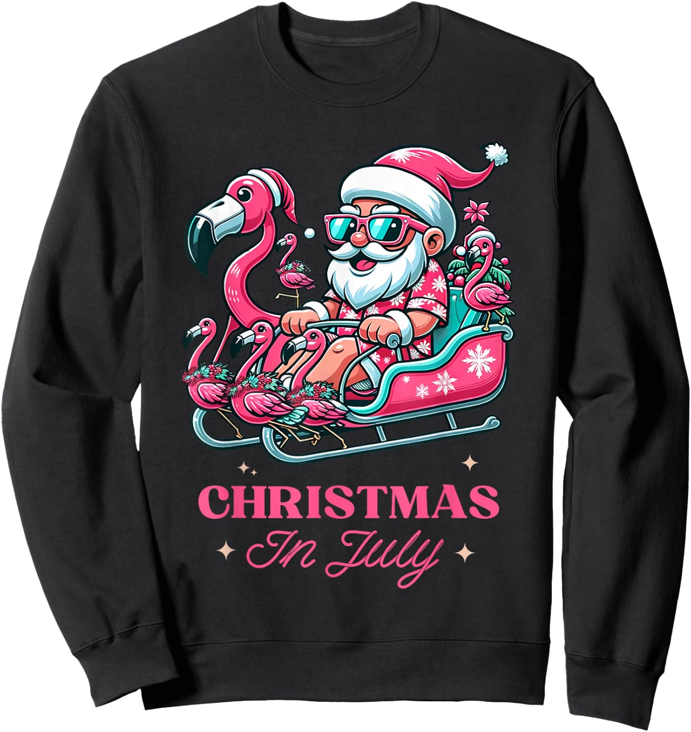 Funny Christmas in July Summer Santa Flamingo Sleigh Xmas Sweatshirt - Sweatshirt | Black