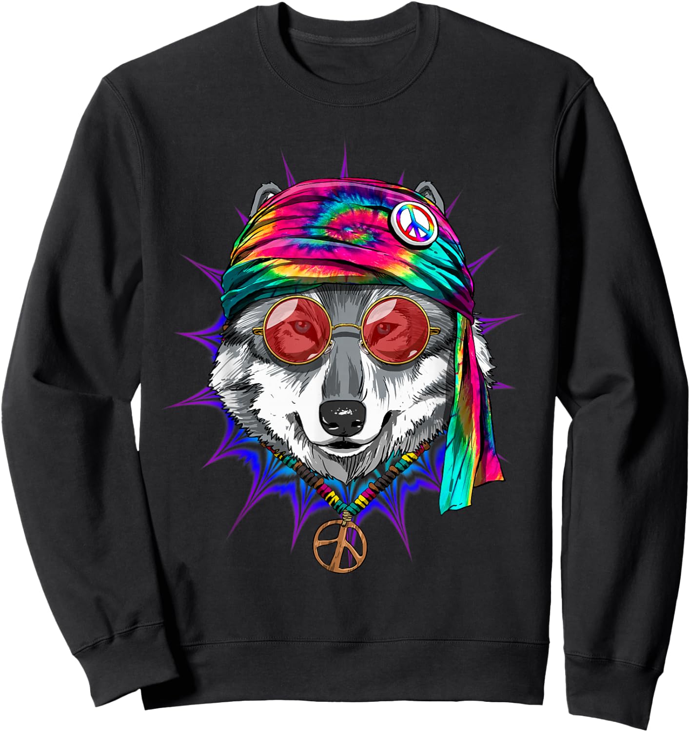 Tie Dye Hippie Wolf Hippiness Peace Love Wolf Sweatshirt - Sweatshirt | Black