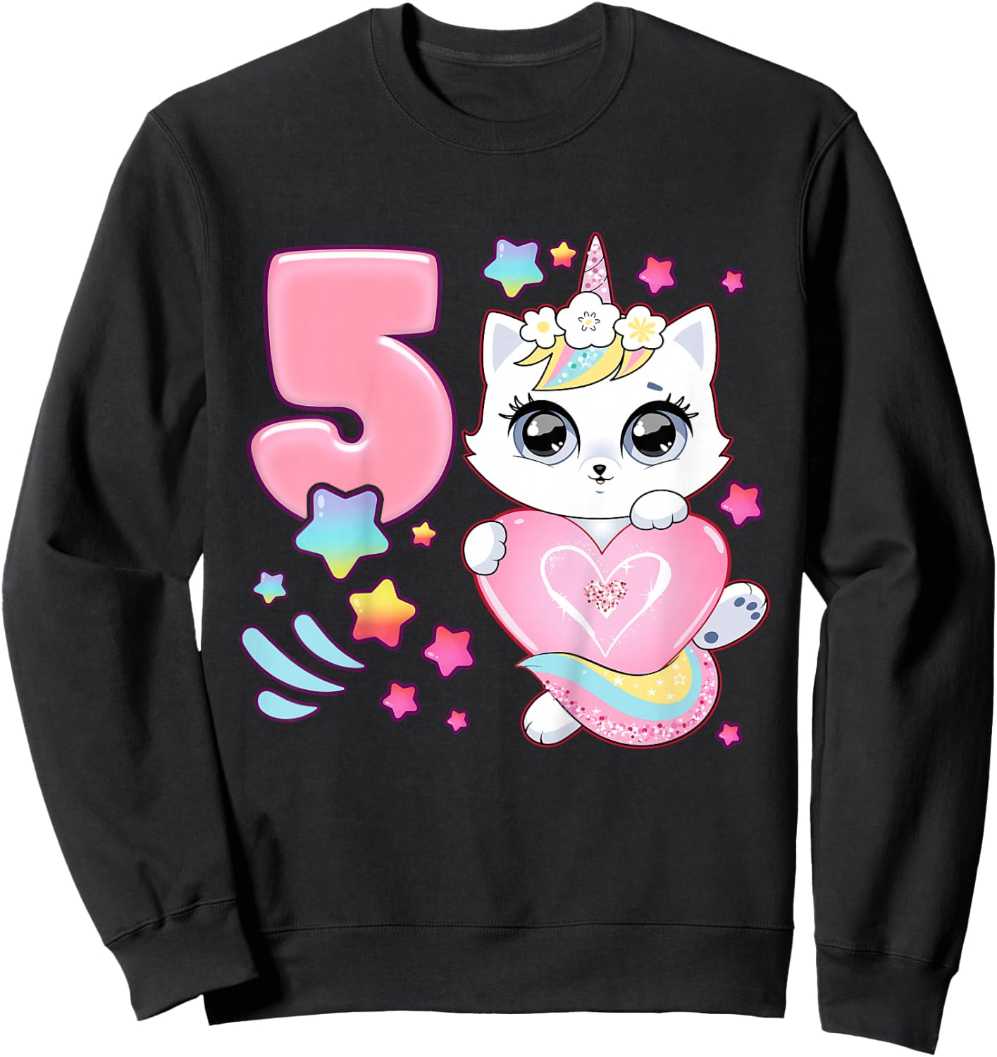 Birthday girl 5 years old, cat, unicorn, 5th birthday Sweatshirt - Sweatshirt | Black