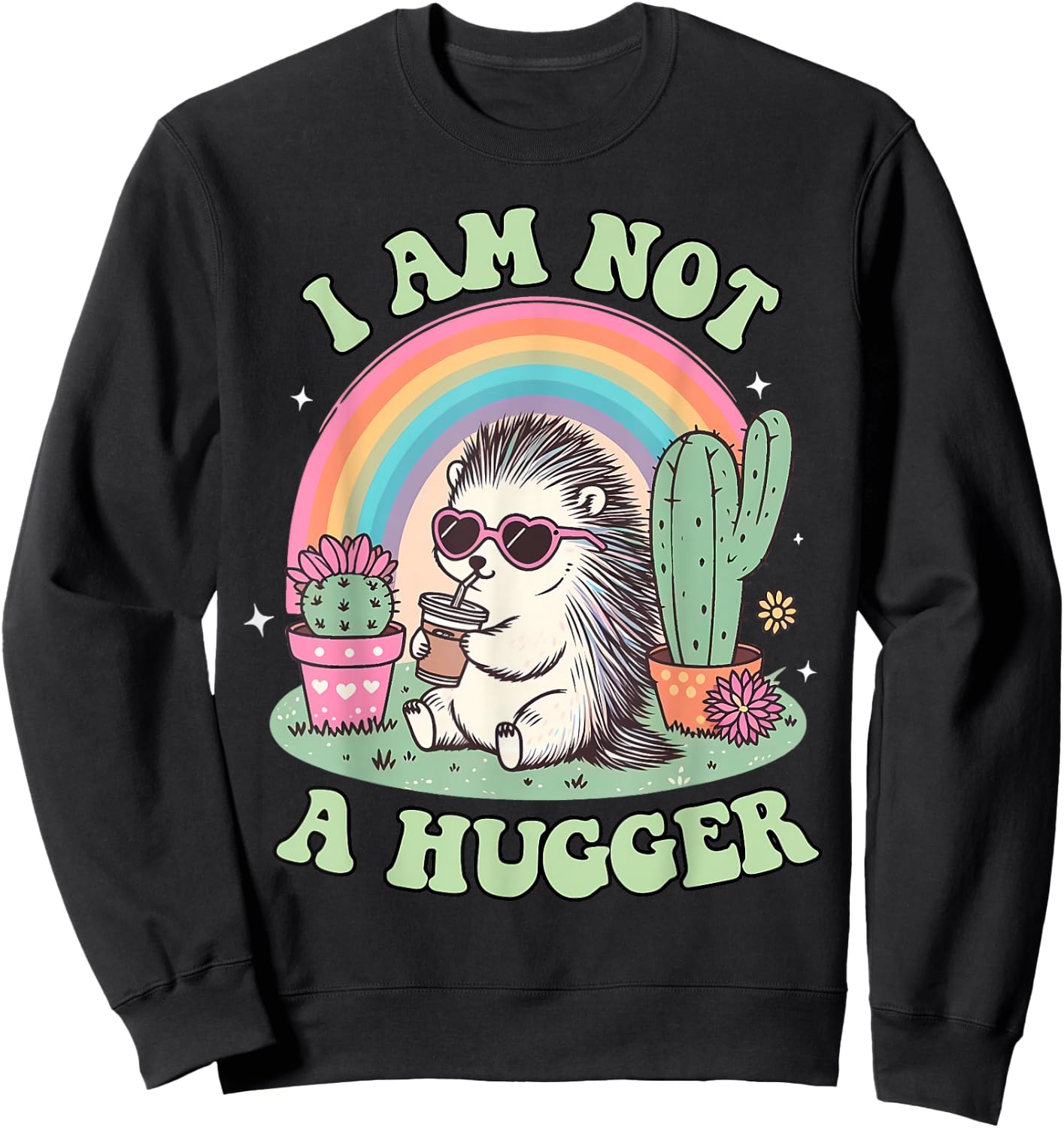 I Am Not A Hugger Funny Cactus Avoid Hugs Hedgehog Anxiety Sweatshirt - Sweatshirt | Black
