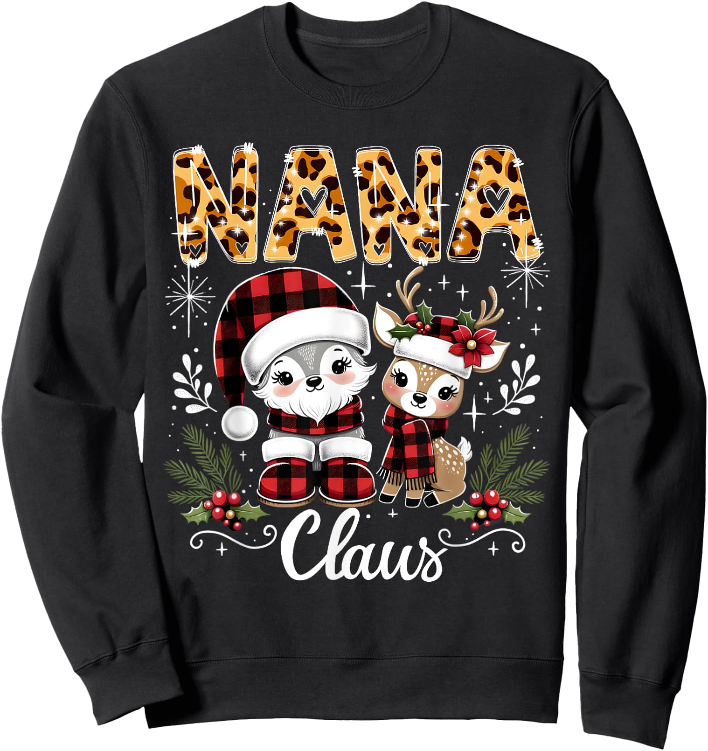 Christmas Nana Claus Grandma Leopard Buffalo Plaid Pjs Xmas Sweatshirt - Sweatshirt | Black