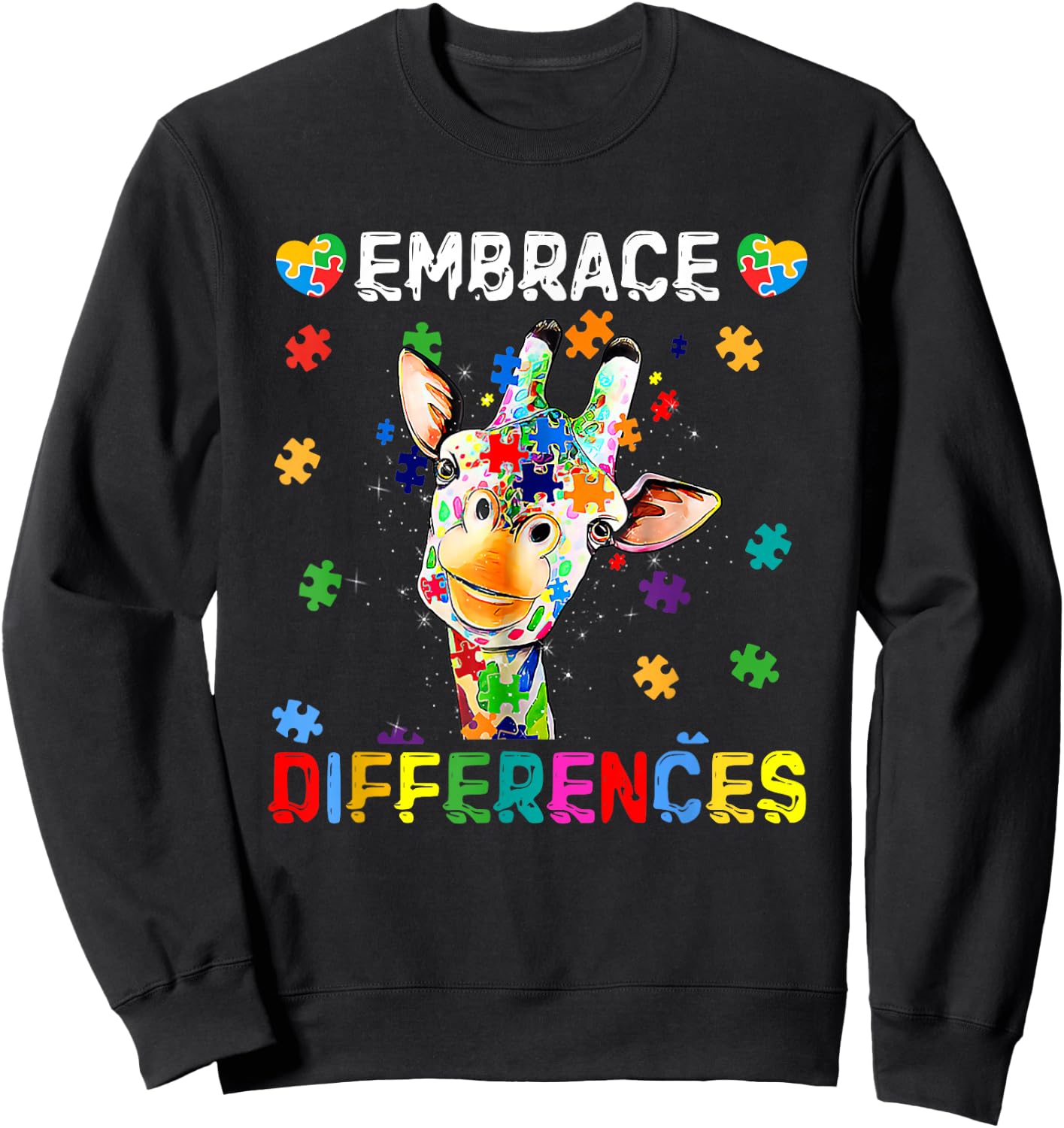Giraffe Embrace Differences Puzzle Pieces Autism Awareness Sweatshirt - Sweatshirt | Black