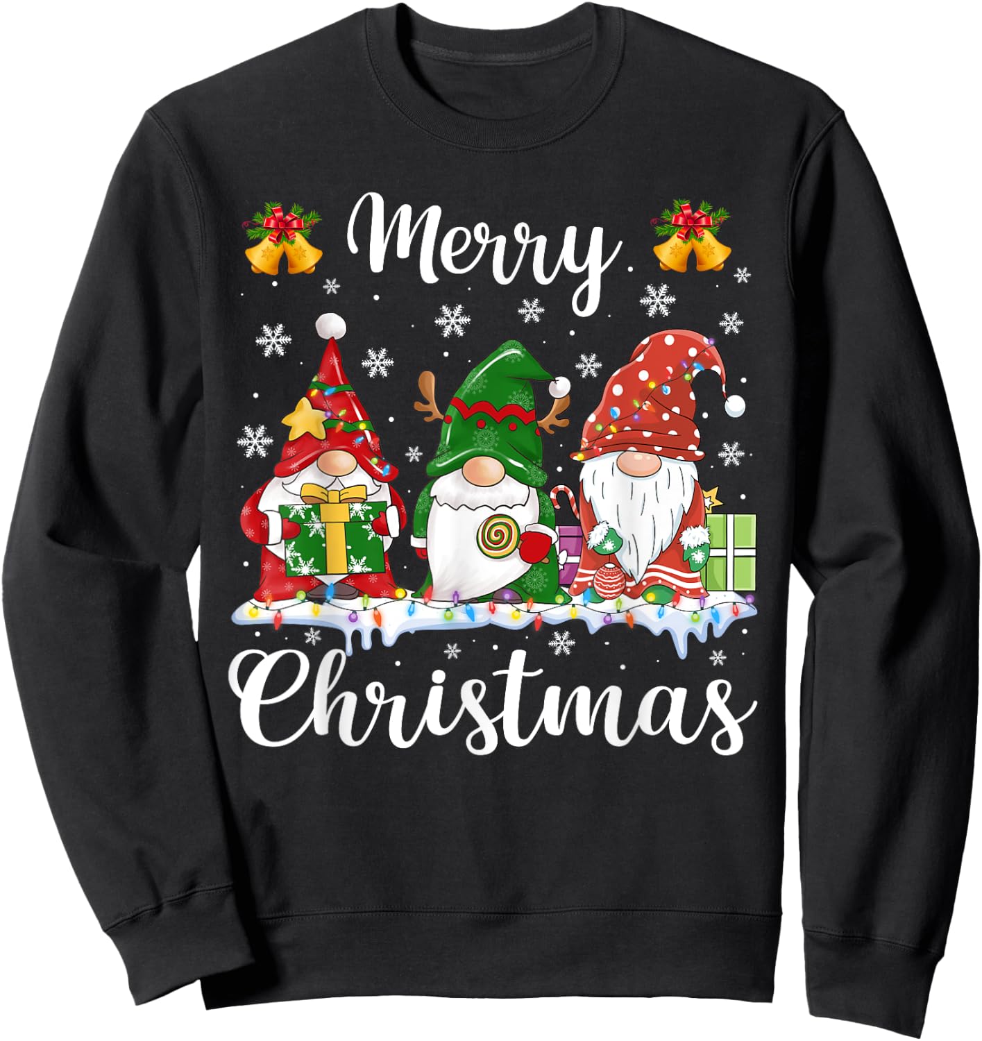 Merry Christmas Light Cute Gnomes Family Gnome Xmas Matching Sweatshirt - Sweatshirt | Black