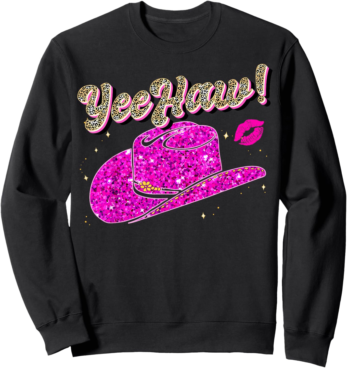 Yee Haw Howdy Pink Cowgirl Leopard Hat Yeehaw Women Girls Sweatshirt - Sweatshirt | Black